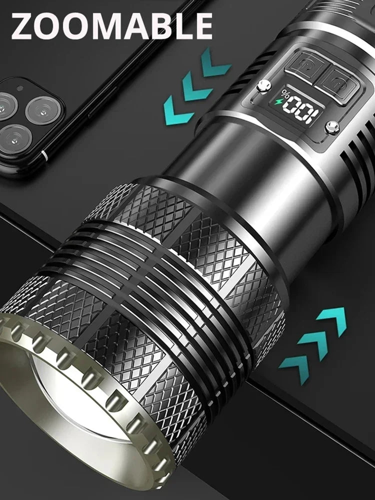 10000M LED Flashlight USB C Rechargeable 8000W Flash Light 9900000000LM Power Flashlights Zoom Tactical Lantern 20000mah battery Oasis Select