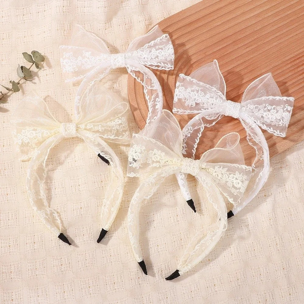 Elegant Lace Bow Hairbands Double Layered Non-Slip Princess Headband Flower Embroidery Lightweight Yarns Headband Oasis Select