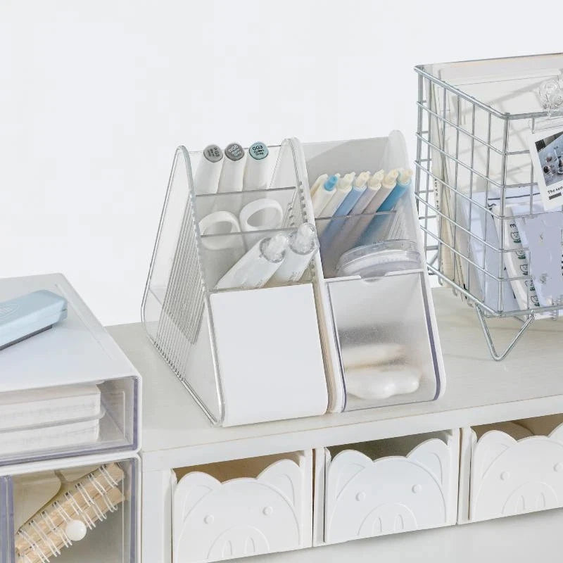 Plastic Slanted Pen Holder Multi Compartments Clear Slots Heavy Duty Desktop Organizer for Home Office School Supplies Storage Oasis Select