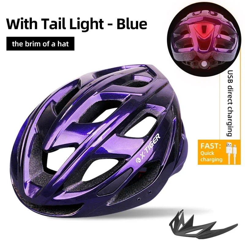 X-TIGER Cycling Helmet LED Tail Light Breathable One-piece Mountain Road Sports Bicycle Helmet Rechargeable with Brim Design Oasis Select Chameleon