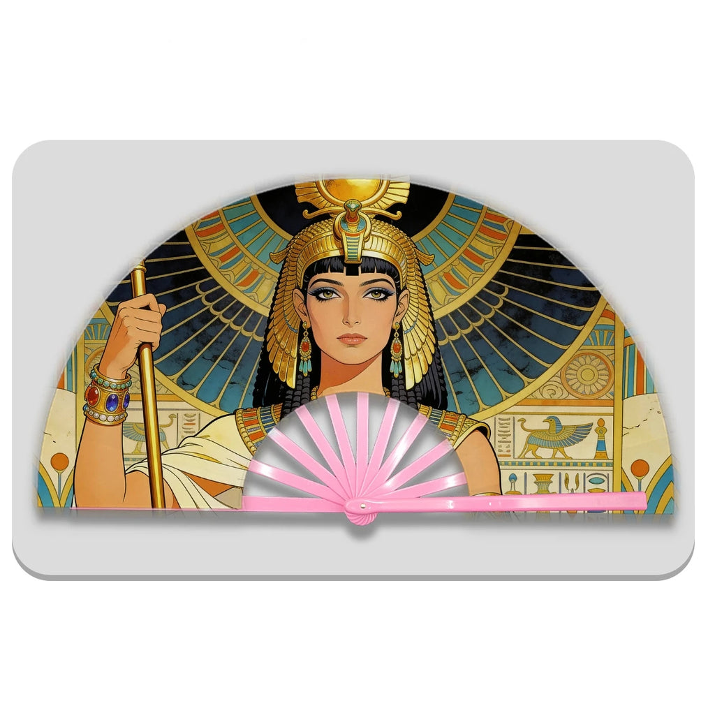 13" Egyptian Cleopatra Folding Fan - Plastic Rib Large Hand Fan for Cosplay, Ancient Egypt Party Decor & Summer Cooling Oasis Select Pink