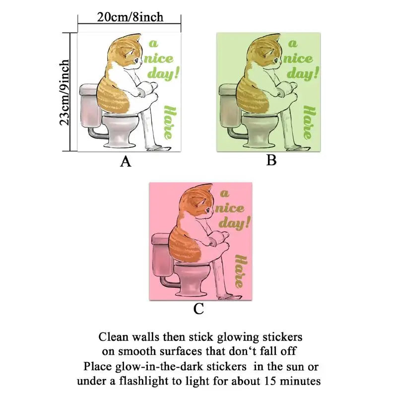 1PC Funny Cat Sticker Glow in the Dark Cat Squatting Toilet Decal English Slogan Toilet Sticker Self-Adhesive Sticker Home Decor Oasis Select