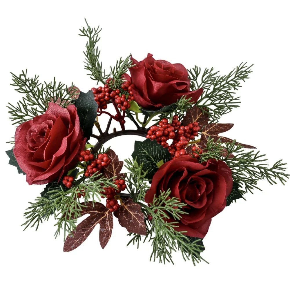 Christmas Candlestick Wreath Red Fruit Artificial Flowers Candle Ring Xmas New Year Table Decoration Candle Holder Garland Oasis Select Style 1