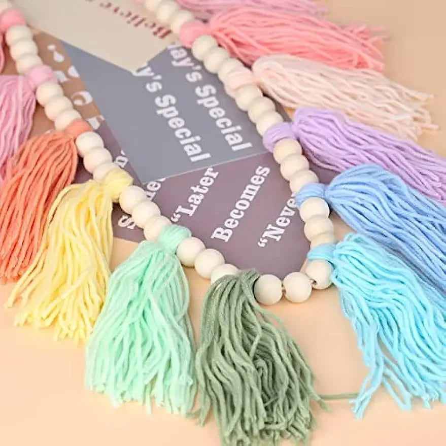 Rainbow Tassel Garland Colorful Pom Garland Wood Bead Easter Spring Girls Bedroom Wall Party Birthday Baby Shower Decor Oasis Select