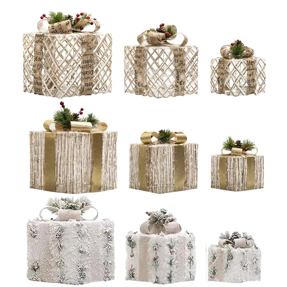 3 Piece Plush Christmas Light Up Boxes Set Featuring Metal Frame Silver Wire Wrap and Timer Function for Seasonal Use Oasis Select