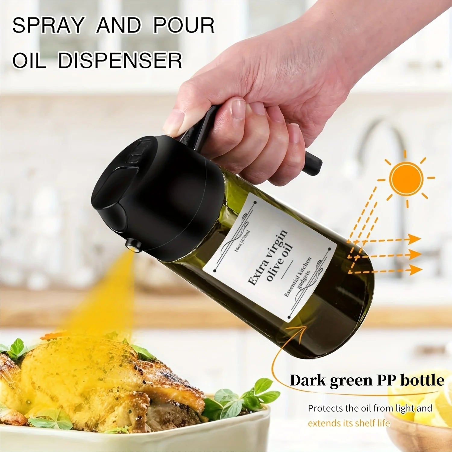 1pc 2-in-1 Olive Oil Dispenser & Sprayer, 16oz/470ml Dark Green Bottle, Durable Plastic with 6 Stickers, Kitchen Cooking Gadget Oasis Select