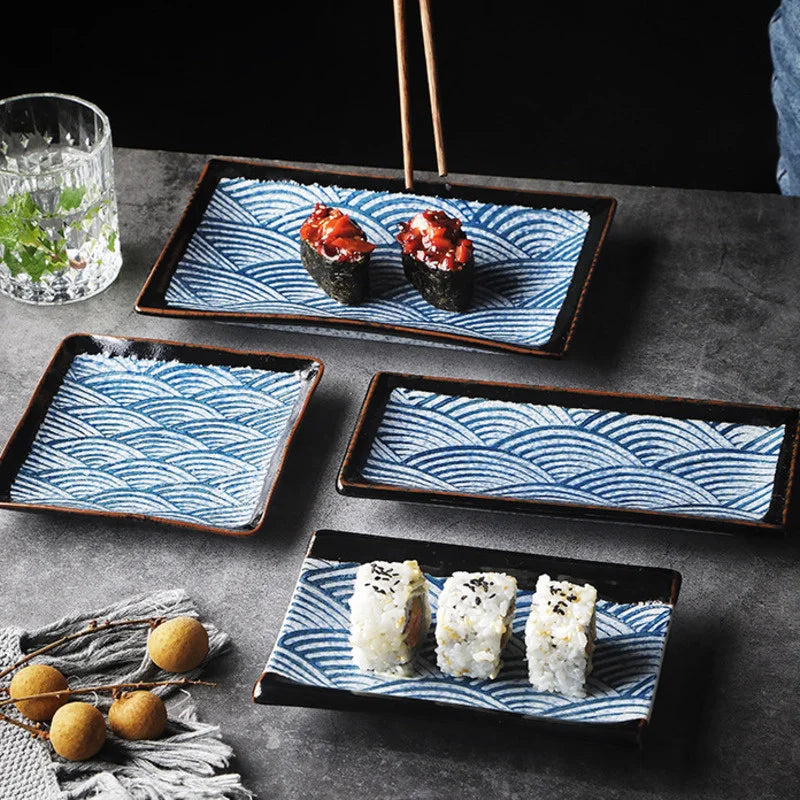 Japanese Wave Pattern Ceramic Sushi Plate Retro Steak Dish Sushi Dinner Plate Tableware Oasis Select