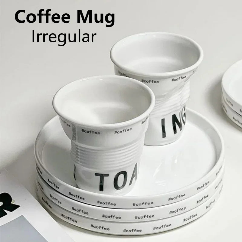 200ml Coffee Mug French Pleated Irregular White Ceramic Nordic Creative Design Wrinkle Cup Tumbler with English Letter Milk Cup Oasis Select