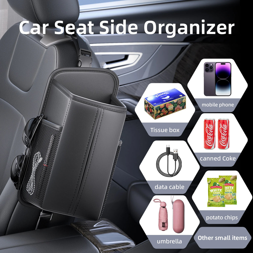Leather Car Seat Side Organizer | Tissue, Phone & Cup Holder