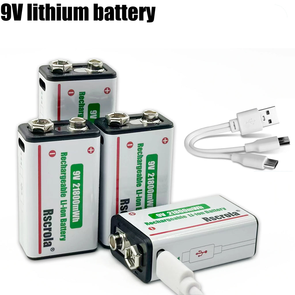 Long-Lasting 9V Lithium Ion Rechargeable Battery 21800mWh High Capacity for Guitar Microphone Smoke Detector Pedal with Cable Oasis Select