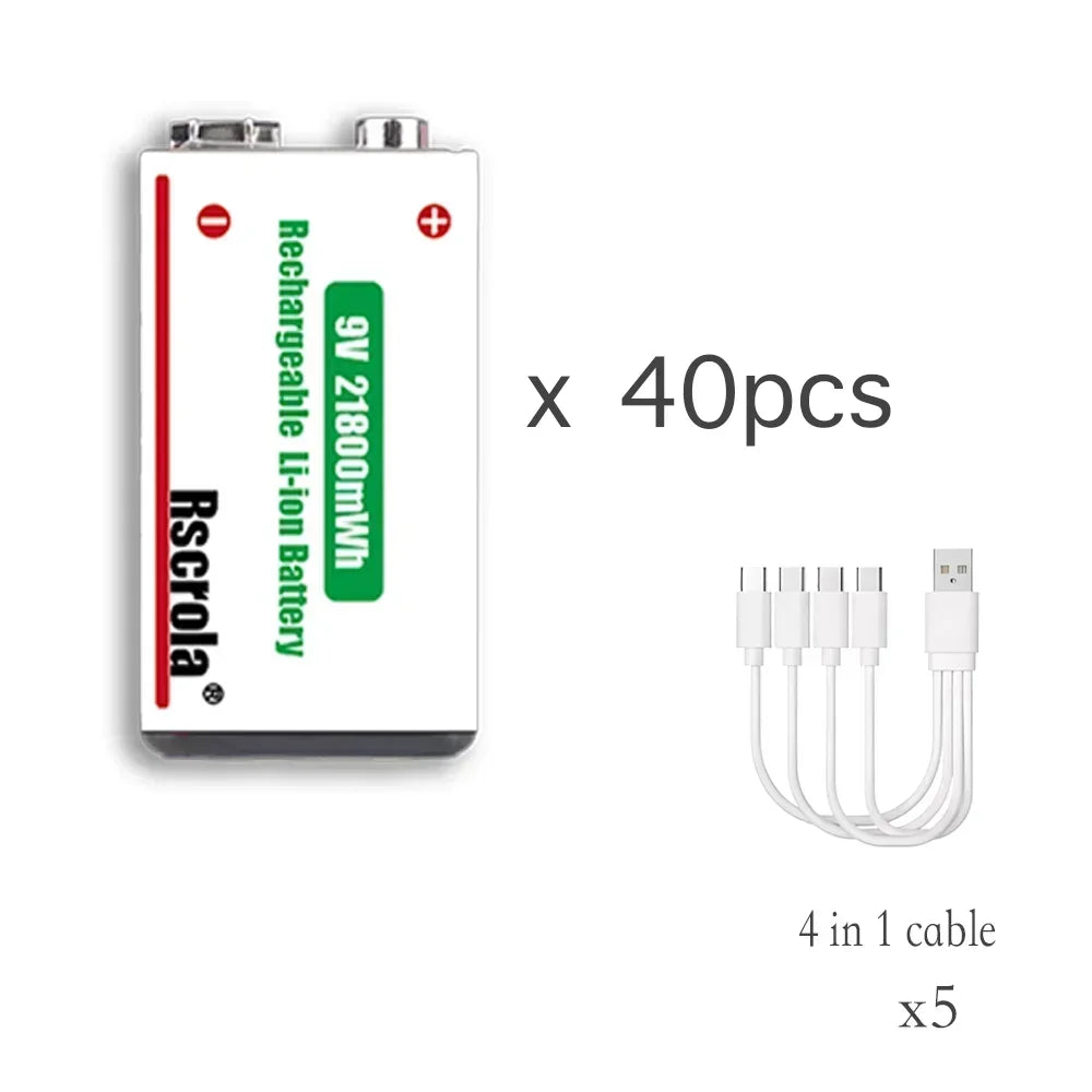 9V Lithium ion Rechargeable Battery 21800mWh High Capacity Long-Lasting for Guitar Microphone Smoke Detector Pedal with Cable Oasis Select 40 pcs 9v Battery 9v