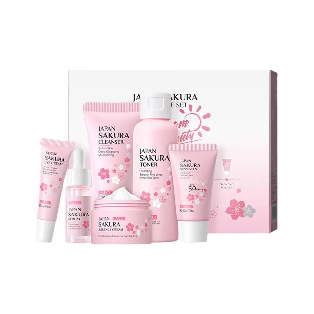 6PCs Sakura Skin Care Sets & Kits With Cleanser,Serum,Eye Cream,Sunscreen Cream Beauty Products For Women Gift Sets Routine Kit Oasis Select 6pcs