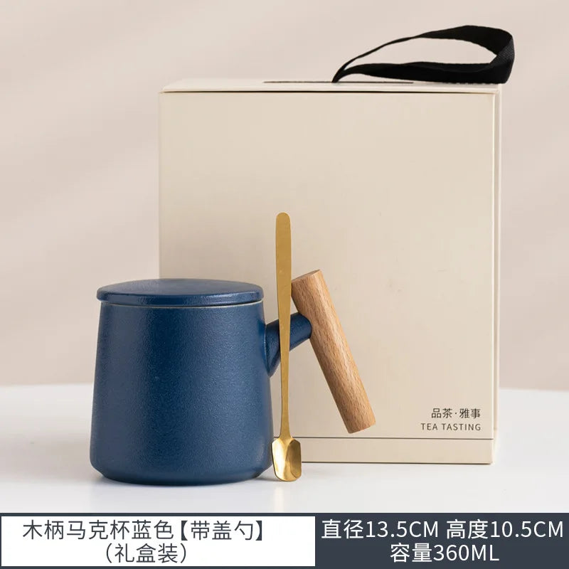 Office Wooden Handle Mug Japanese-style Ceramic Office Tea Cup Frosted Water Cup Three-piece Set with Lid Filter Mug Coffee Mug Oasis Select Blue gift box 301-400ml