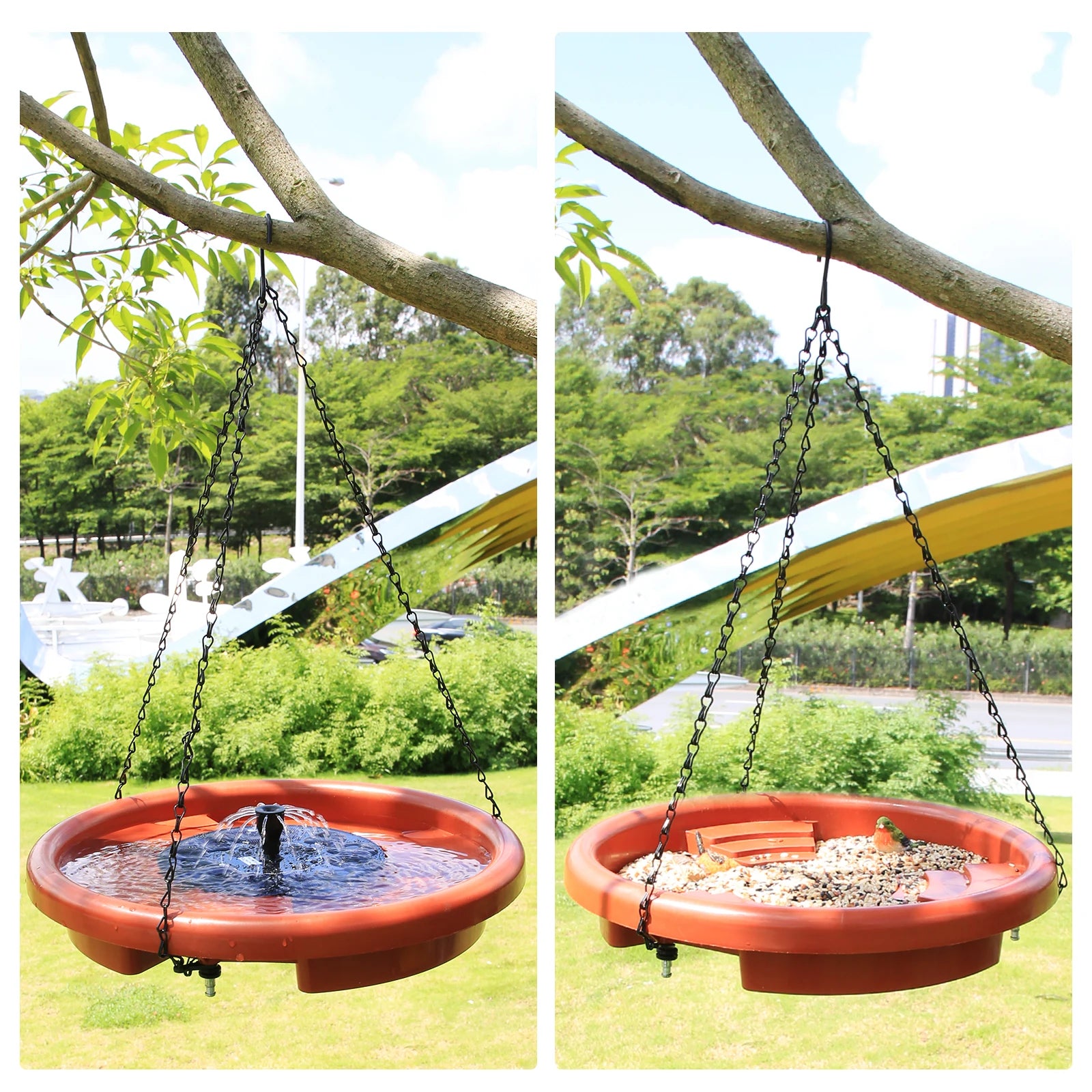 12 Inch Bird feeder Hanging Bird Bath with fountain Outdoor Bird Drinking Bird Tray with Hook and Chain for Garden Yard Patio Oasis Select