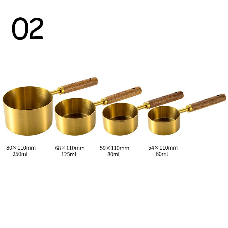 4PCS Measuring Spoon Set Stainless Steel Wooden Handle Measuring Cups Spoons Baking Tools Coffee Bartending Kitchen Accessories Oasis Select golden 02