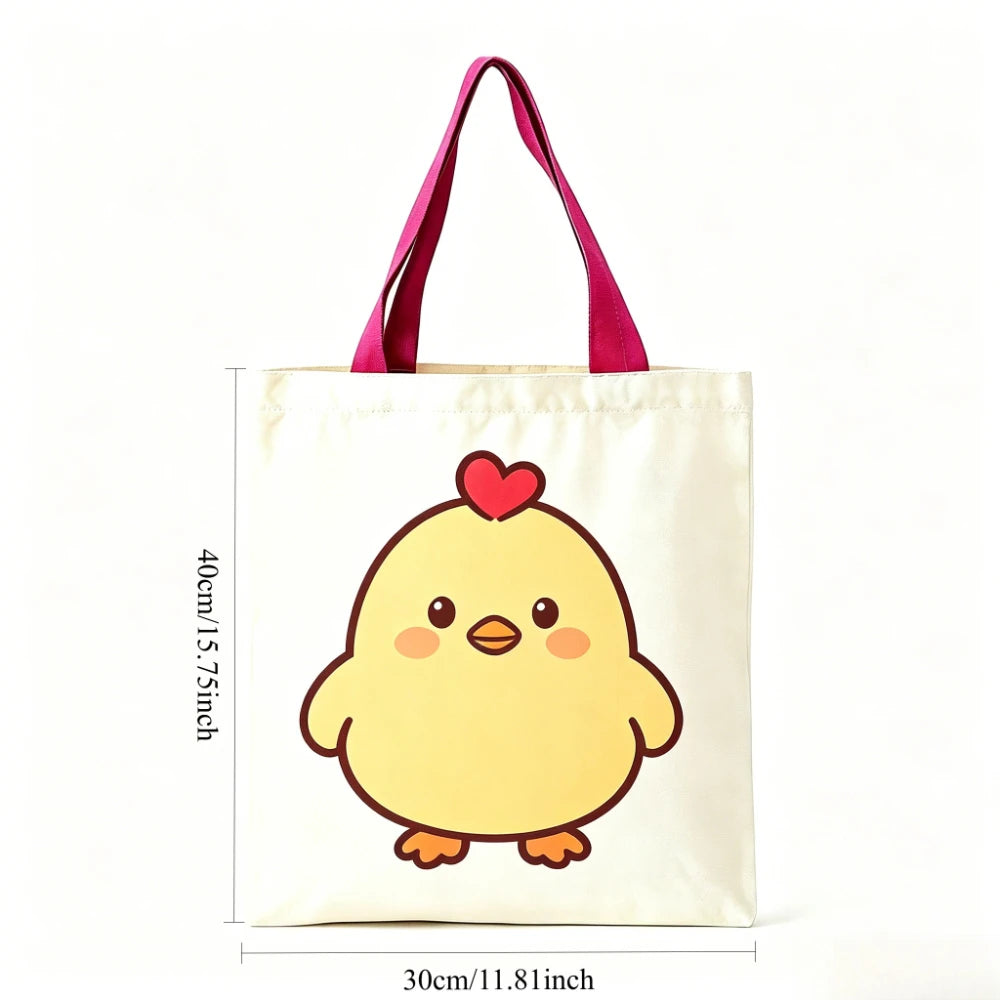 Cute Yellow Chick Red Heart Print Canvas Tote Bag Eco Reusable Shoulder Bag Grocery Daily Shopping Bag Oasis Select