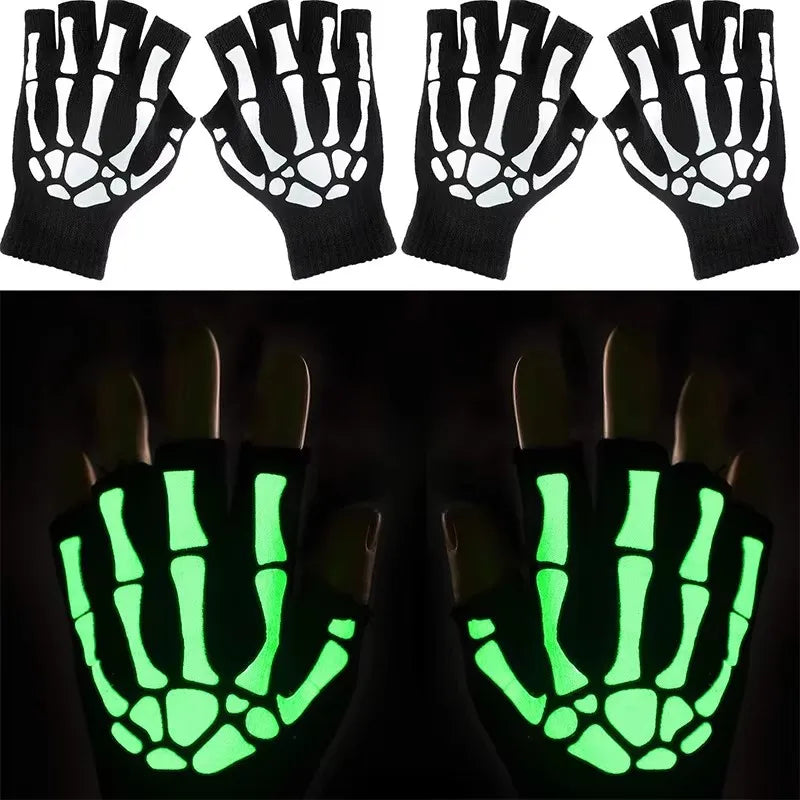 1-6Pairs Gothic Skeleton Reflective Gloves Horror Claw Bone Streetwear Half Gloves Halloween Split Finger Gloves For Men Women Oasis Select
