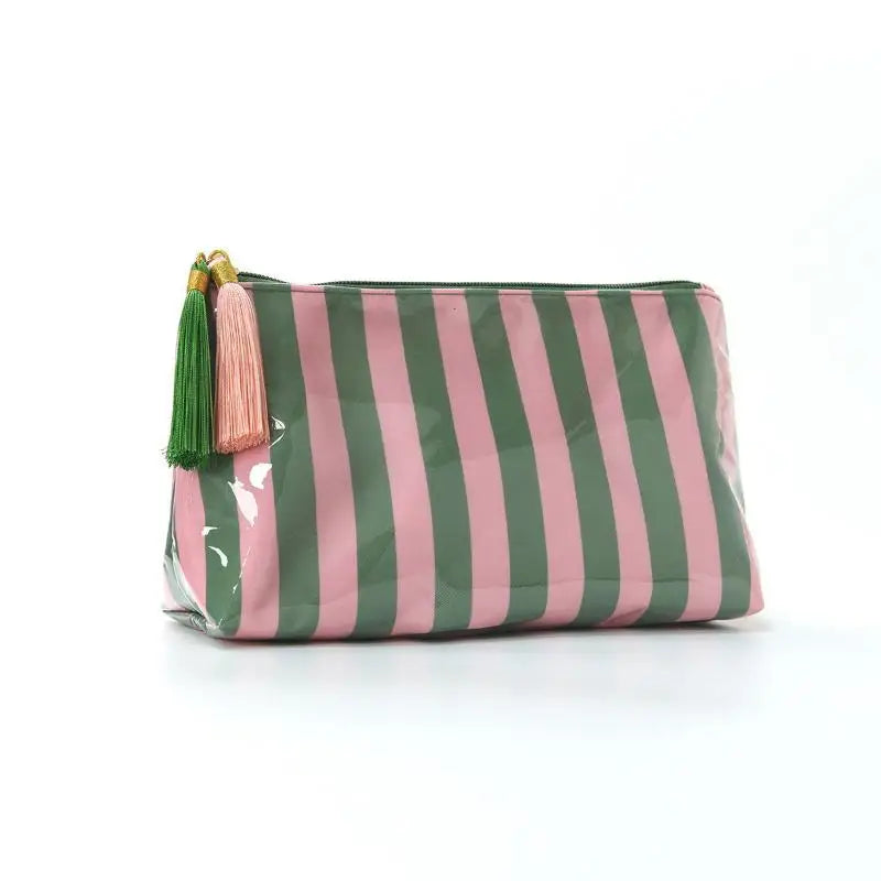 Waterproof Striped PVC Cosmetic Bag with Tassel Zipper