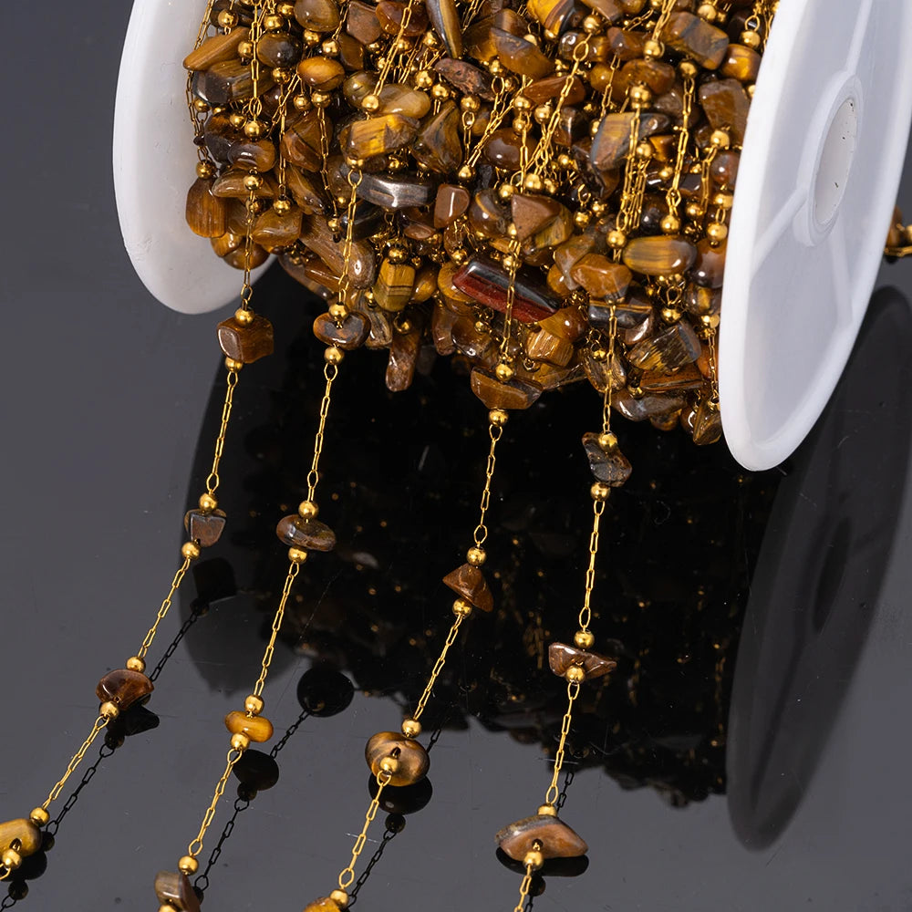 1meter Gold Plated Stainless Steel Chain Natural Raw Healing Crystal Points Gemstone Beaded Charms for Jewelry Making DIY Crafts Oasis Select Tiger Eye