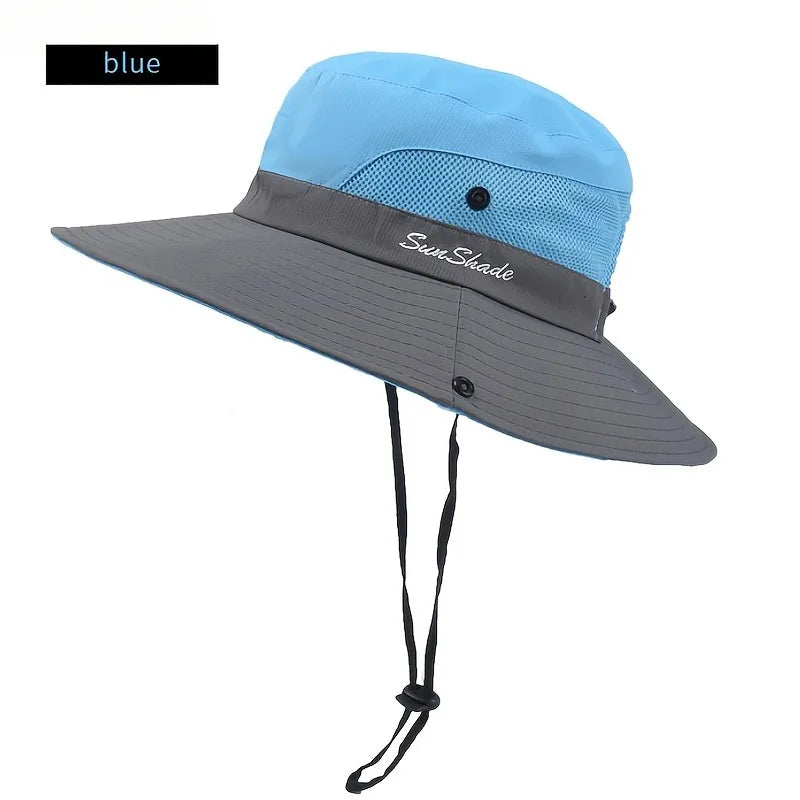 Women's Dual-Tone Sun Hat with Ponytail Hole - Breathable Mesh Waterproof Wide Brim for Beach & Fishing for Spring, Summer Oasis Select Blue