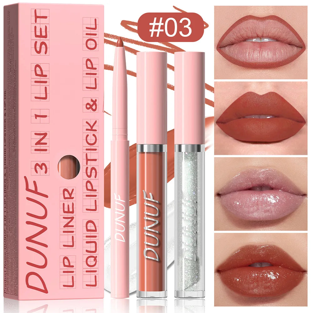 DUNUF 3-Pc Matte Lipstick Set – Lip Liner, Gloss & Oil Kit