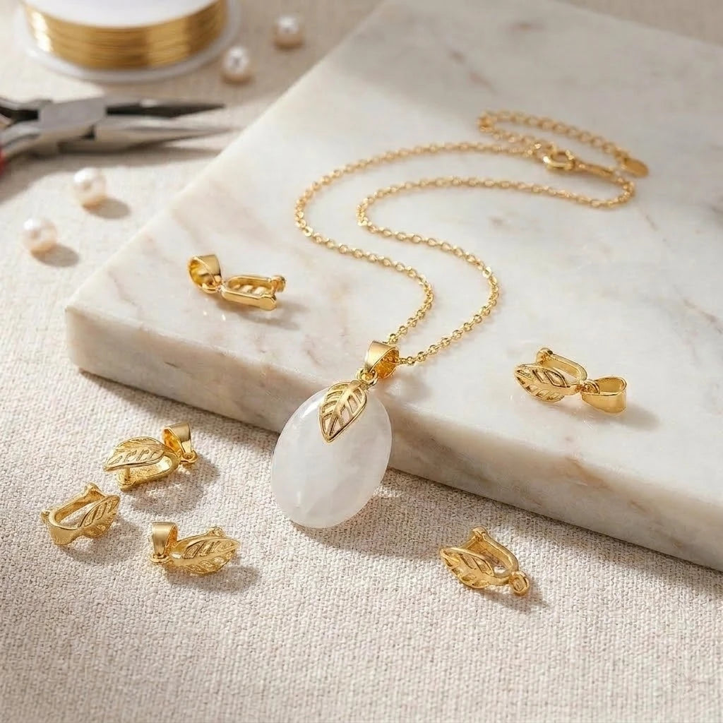 5pcs 18K Gold Plated Leaf Shaped Pinch Bails,Pendant Clips with Clip,Jewelry Connectors For DIY Necklace Earrings Making Supply Oasis Select