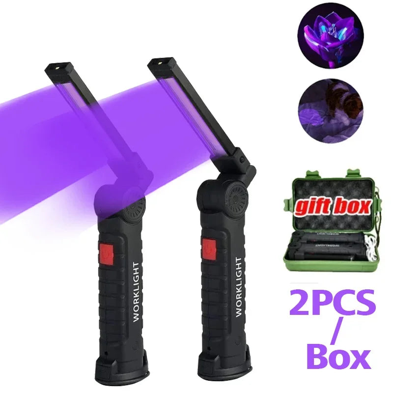 Multi-functional UV Flashlight USB Rechargeable Black Light Torch 5 Modes Emergency Red and White Light Flashlight Work Light Oasis Select 395nm uv light Short 2PCS With box