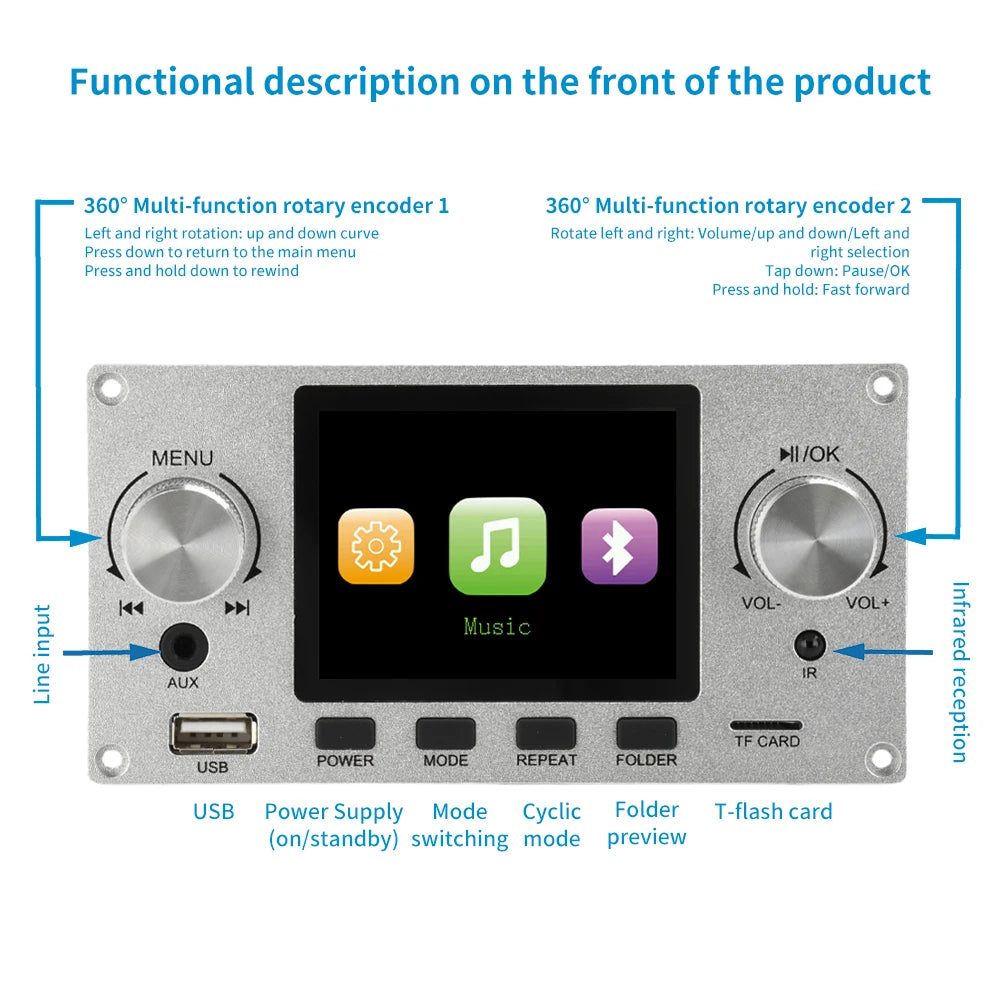 2.8 Inch TFT Color LCD Lossless MP3 Decoder Board Bluetooth 5.3 Stereo Audio FLAC WAV APE Decoding USB TF For Car Amplifier Oasis Select