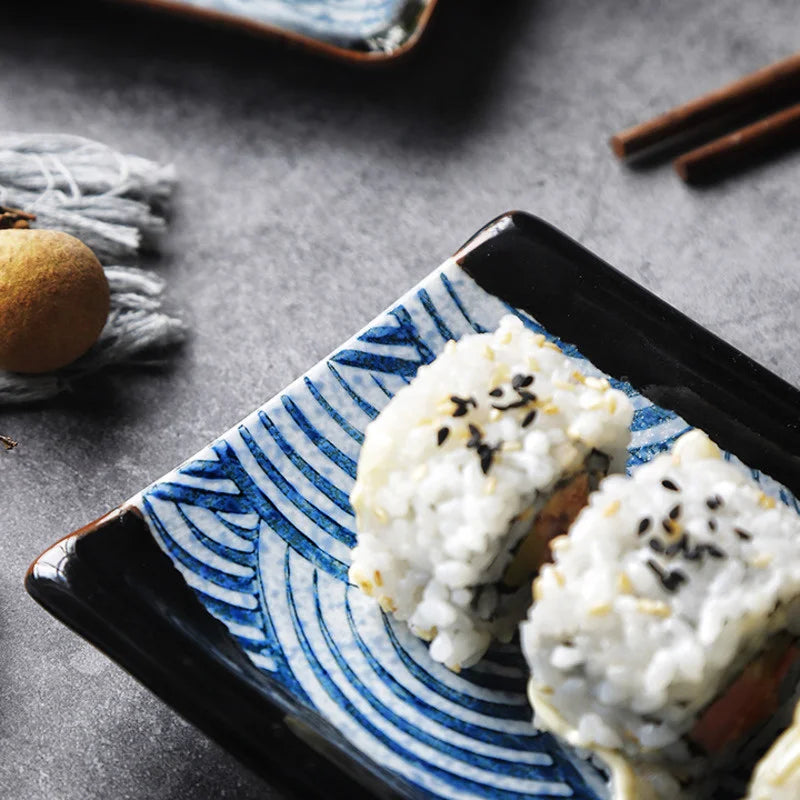 Japanese Wave Pattern Ceramic Sushi Plate Retro Steak Dish Sushi Dinner Plate Tableware Oasis Select