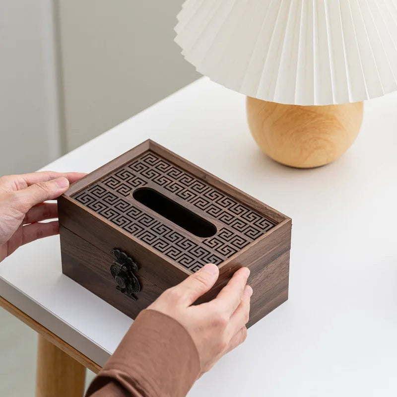 Stylish Wooden Tissue Box with Patterned Lid Traditional Home Decor Container Perfect for Living Room Enthusiasts Oasis Select