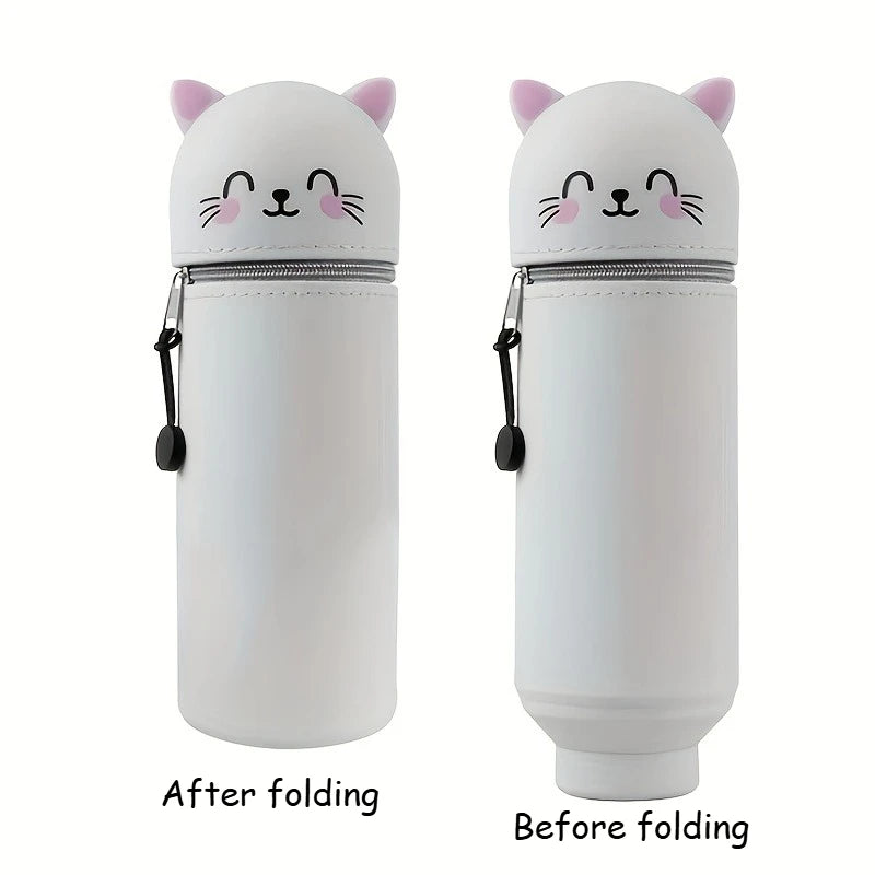 1pc 2-in-1 Expandable Silicone Cute Pencil Case,Cute Cat Design Desk Organizer, Soft Durable Storage Bag for School Office Home Oasis Select