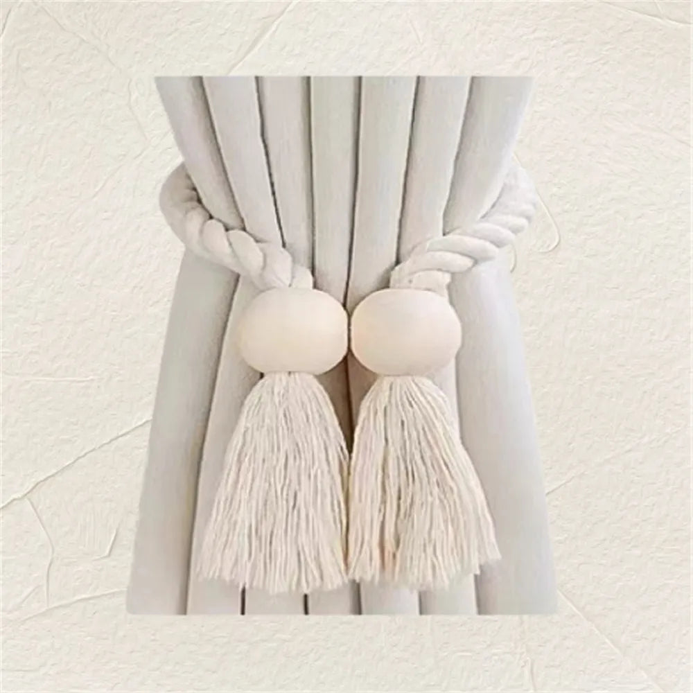 Hand-woven solid wood magnetic knot curtain tiebacks with Boho style, suitable for living room and bedroom home decoration. Oasis Select White-circle