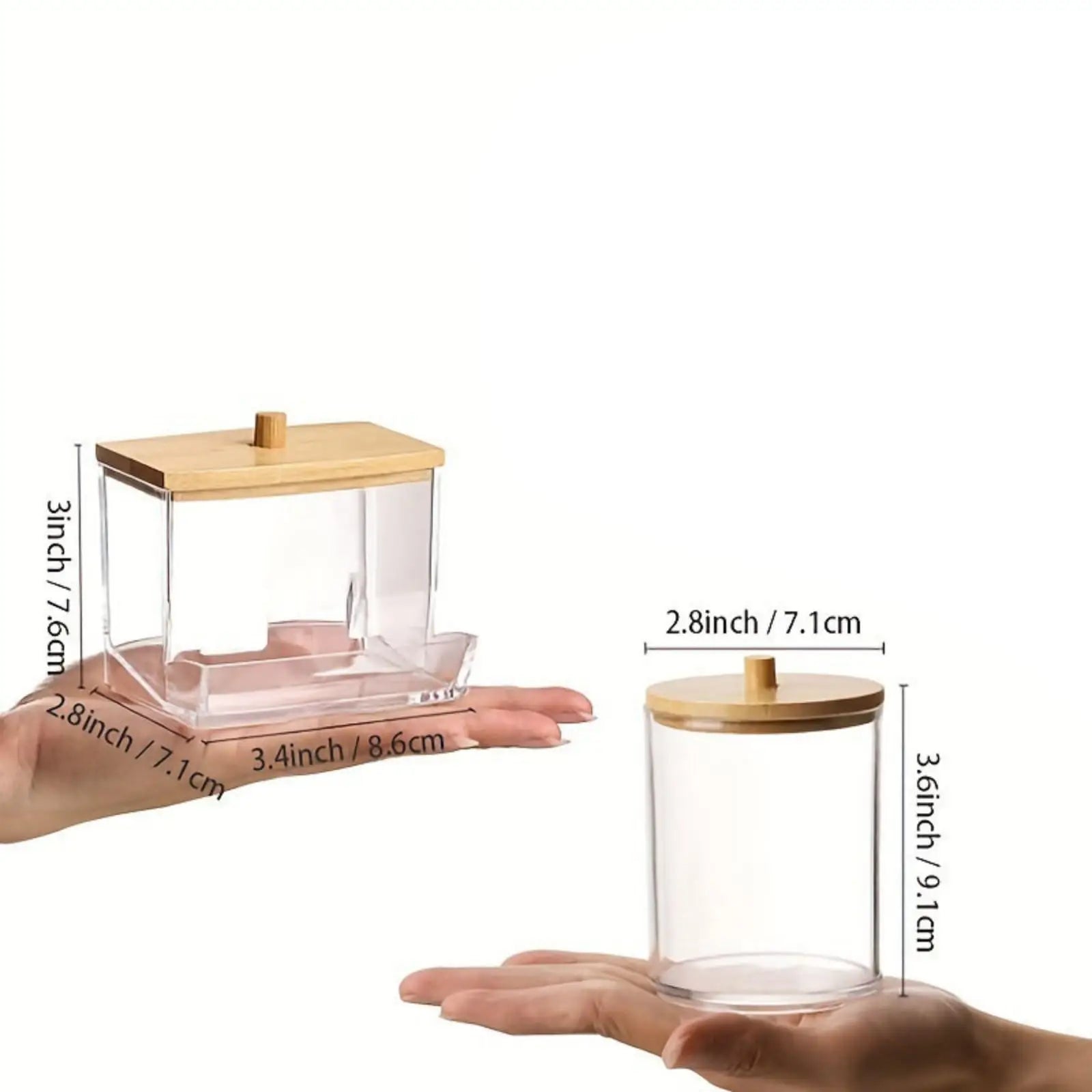 2pcs Bathroom Container with Wood Lids, 10 OZ, 7 OZ Cotton Ball/Swabs Dispenser, Apothecary Organizer Jar for Storage Oasis Select