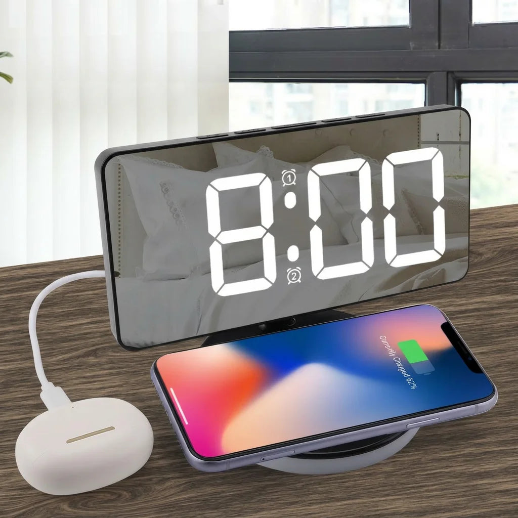 Digital LED Mirror Alarm Clock With 15W Wireless Charging RGB Ambient Night Light Dimmable Large Display for Bedroom Desktop Oasis Select