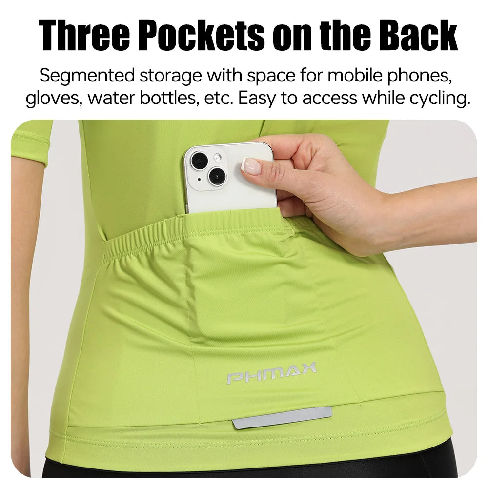 PHMAX Women Cycling Jersey Pro Breathable Summer MTB Road Bike Shirt Reflective Strip 3 Pockets Short Sleeve Cycling Maillot Oasis Select