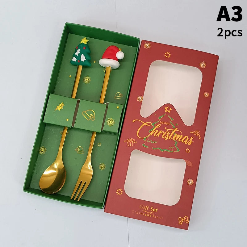 Stainless Steel Christmas Dessert Spoons Cake Forks with Cartoon Christmas Tree Elk Design - Set of 1/2/4/6 - Gift Box Included Oasis Select A3