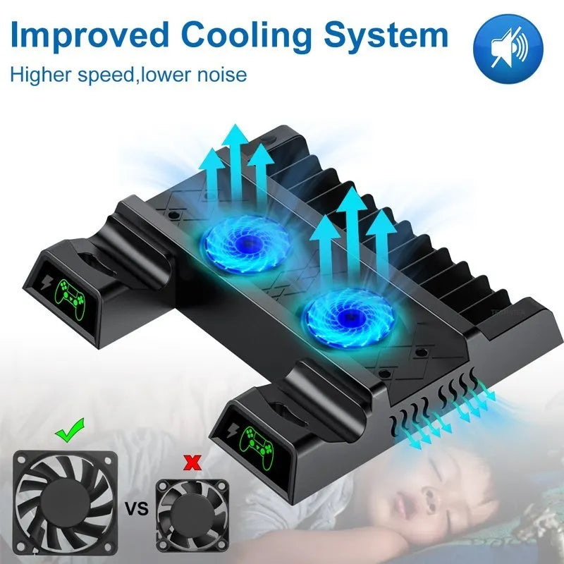 PS4 Cooling Stand Fan – Dual Charger, 12 Game Slots & USB Hub