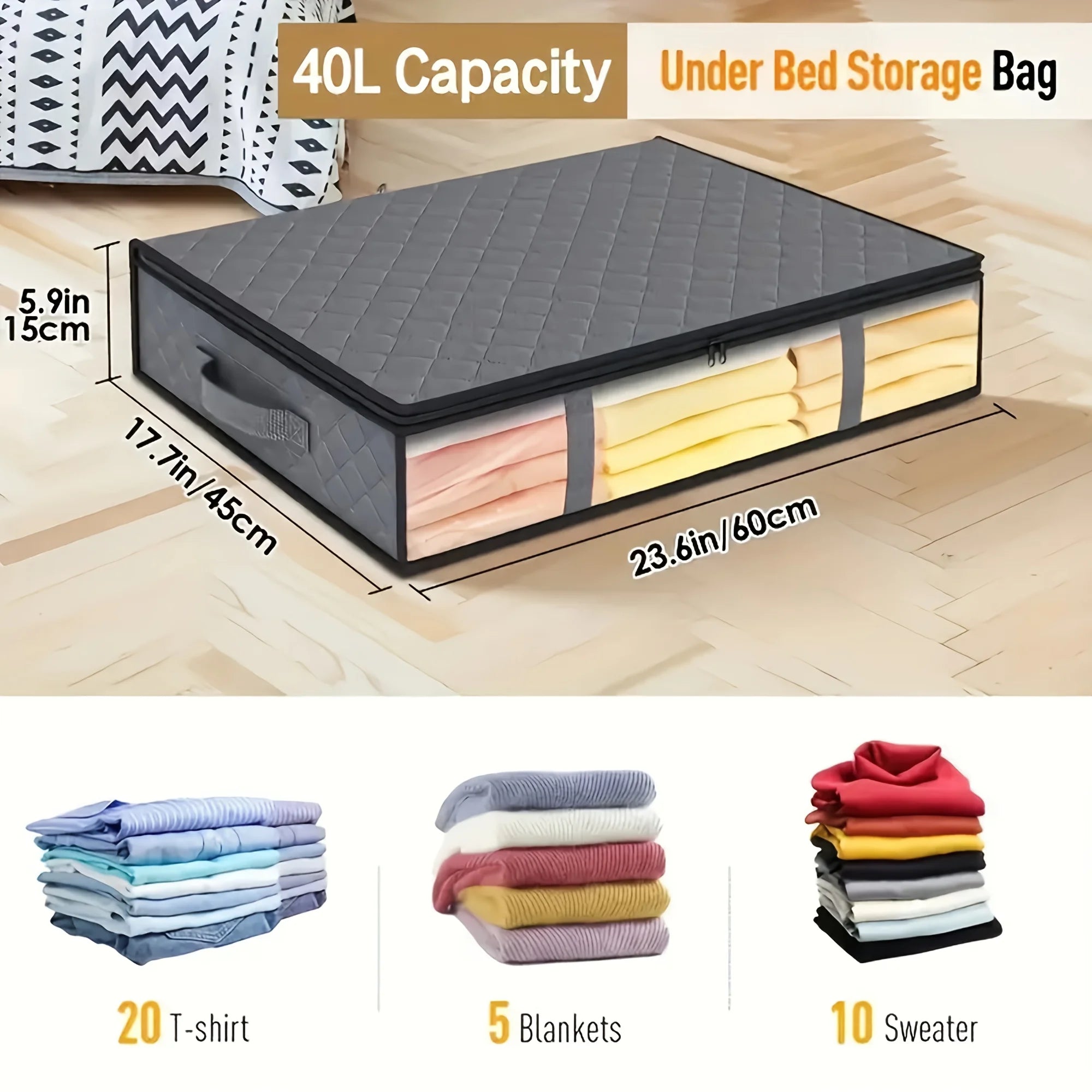 2pcs Large Under Bed Storage Bags Non-woven Clothes Organizer Clear Window Reinforced Handles for Comforters Blankets Bedding Oasis Select