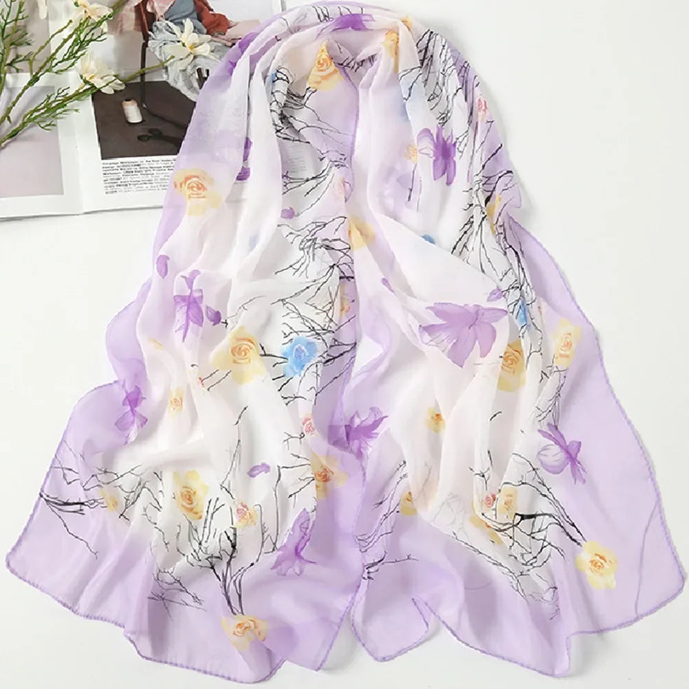 Elegant 160*50cm Chiffon Scarf Sunscreen Gradient Shawl Silk Flower Print Washable Beach Gauze Scarf for Women Oasis Select 21