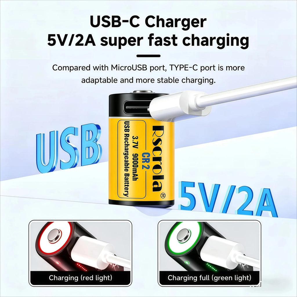 Long-Lasting CR2 Rechargeable Battery 9000mAh 3.7V, High Capacity Li-ion USB Fast Charge for GPS Camera Medical Oasis Select