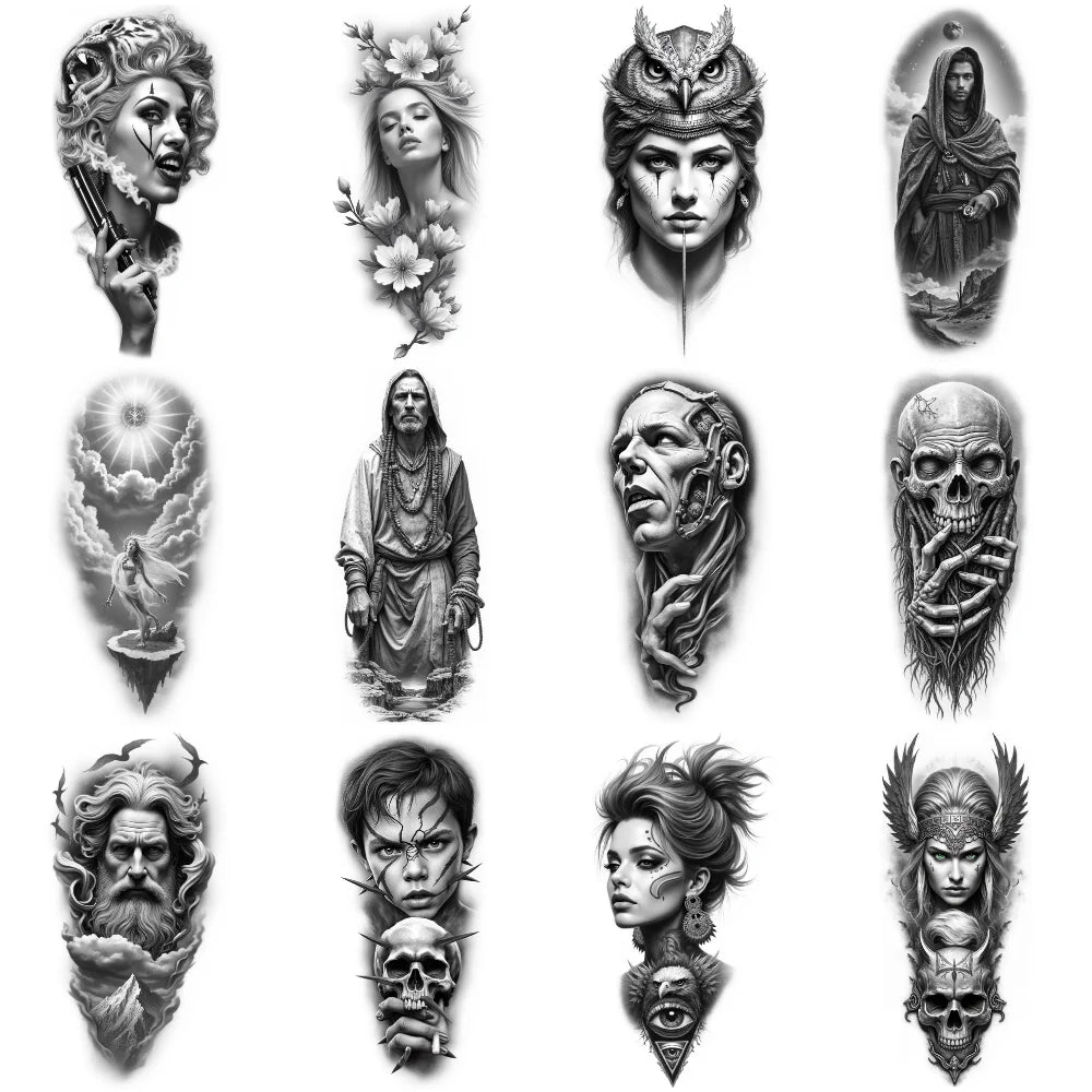 12pcs Realistic Temporary Tattoos – Eagle, Warrior & Bearded Man