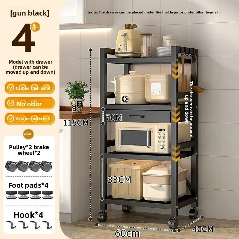 Kitchen rack Floor-to-ceiling multi-layer crevice storage rack Oven microwave oven with drawer storage rack Durable Oasis Select Black-60-4