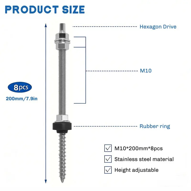 LIKE WISH Hanger Bolts M10 X 200 Mm, Pre-Assembled, V2A, Height-Adjustable, For Photovoltaic Solar Mounting Roofs, 8 Pack Oasis Select