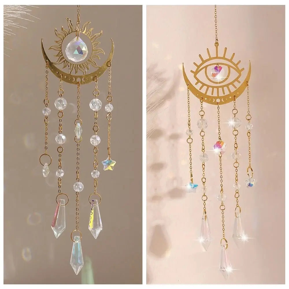 Golden Flame Moon Crystal Pendant AB Colourful Moon Eye Sunshine Catcher Hanging Moon Hanging Decoration Holiday Party Decor Oasis Select