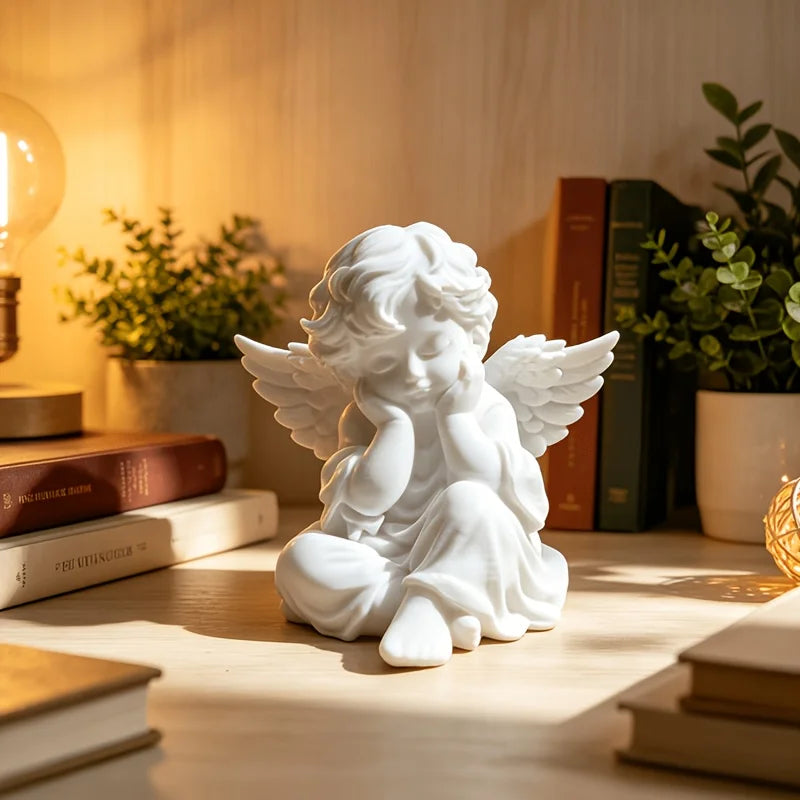 Sweet White Angel Statue 3D Printed CanDIY Cute Thinking Cherub Mini Figurine Home Decor Wedding Romantic Souvenir Ornament Gift Oasis Select