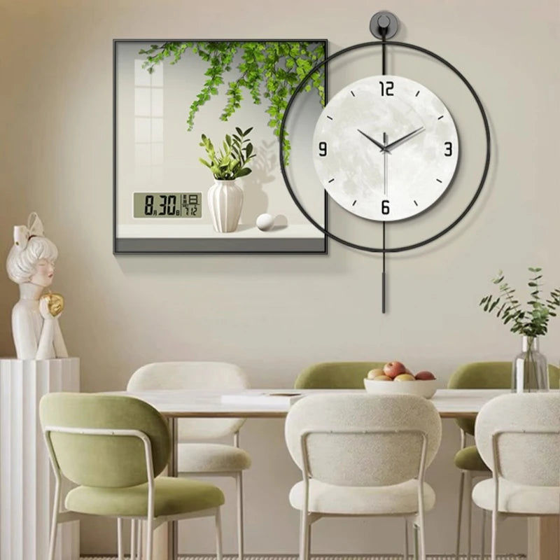 Simple Green Plant Perpetual Calendar Electronic Clock Guest Restaurant Decorative Painting Iron Combination Wall Clock Oasis Select