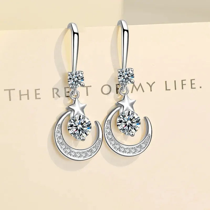 Star & Moon Dangle Earrings | Crystal Drop Pink Blue White Fashion Drop Earrings Oasis Select Imitation Platinum White Diamond