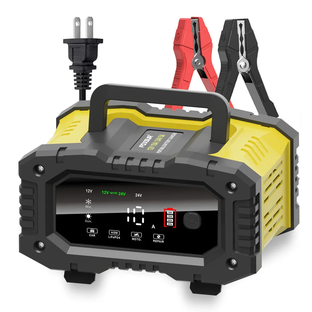 FOXSUR Car Motorcycle Battery Charger 20A 10A 12V/24V Smart Charger Lithium AGM GEL Lead-Acid LiFePO4 Battery Chargers Oasis Select