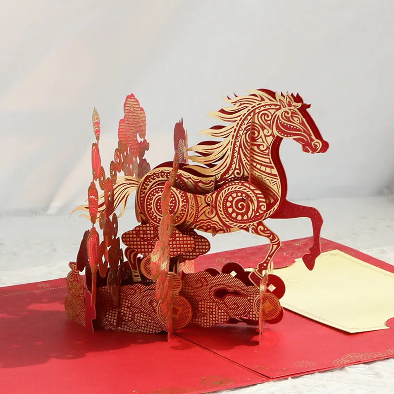 2026 Year of The Horse Lunar New Year 3D Bounce Card, Gold Horse Greeting Card with Memo Paper and Envelope Oasis Select