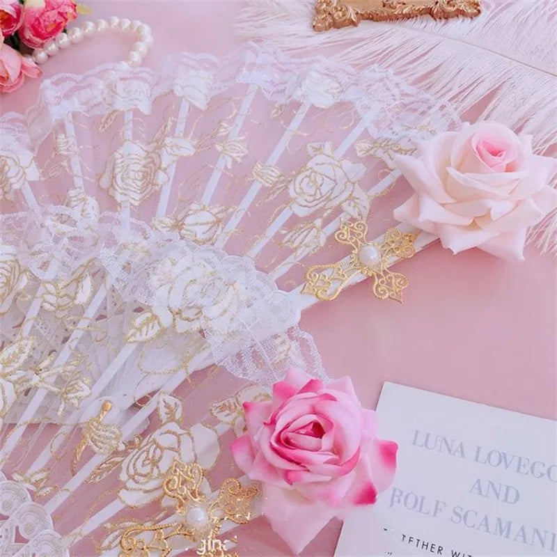 Lolita Gothic Fan Victorian Female Lace Hand Fan Vintage Black White Red Rose Bamboo Fans Cosplay Halloween Party Supplies Oasis Select